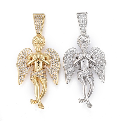 Brass Micro Pave Clear Cubic Zirconia Pendants, Long-Lasting Plated, Praying Angel