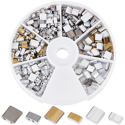 450шт 6 стиль непрозрачные стеклянные бусины, 2-луночное, прямоугольные