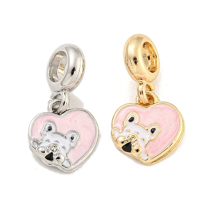 Coeur d'émail d'alliage de placage de support avec des breloques européennes de chien, Pendentifs grand trou, rose, sans cadmium et sans nickel et sans plomb