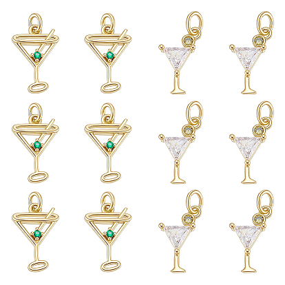 12Stück 2Stile Messing Pavé Zirkonia Anhänger, Trinkzauber, mit Sprungring, Gestell, langlebig überzogen, cadmiumfrei und bleifrei, echt 18 k vergoldet