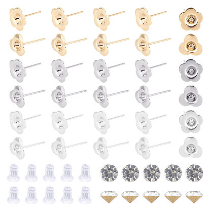 60Pcs 6 Colors Flower 304 Stainless Steel Stud Earring Findings, with 180Pcs Glass Pointed Back Rhinestone and Silicone Ear Nuts, for DIY Making