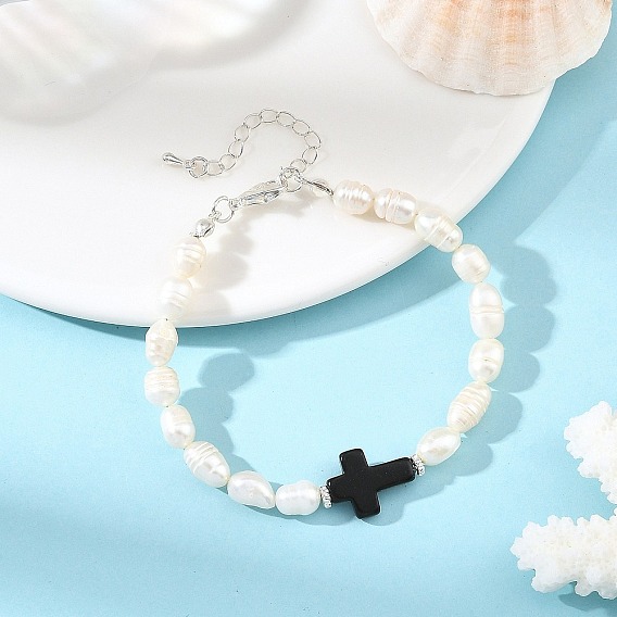 Dyed Synthetic Turquoise Black Religion Cross & Natural Pearl Rice Beaded Bracelets, White