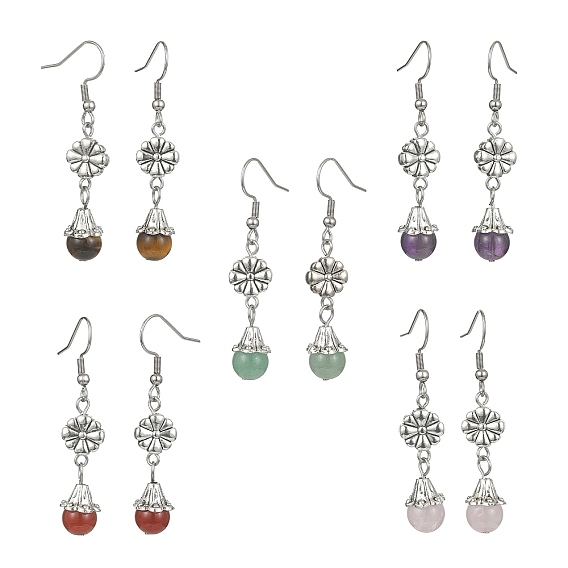 5 Pairs 5 Style Natural Mixed Genstone Teardrop Dangle Earrings, Alloy Flower Drop Earrings