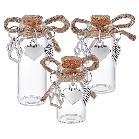 3шт. 3 размеры прозрачные стеклянные пустые бутылки с подвесками в виде отпечатков лап из сплава, сердечек, перьев и пробковой пробкой, для хранения шерсти домашних животных, колонка, платина