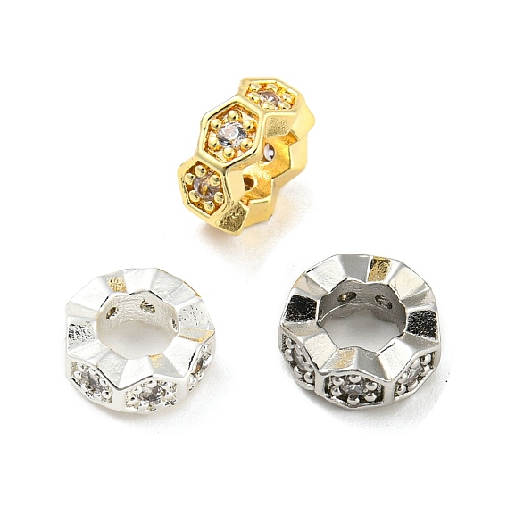 Brass Micro Pave Cubic Zirconia European Beads, Large Hole Beads, Long-Lasting Plated, Lead Free & Cadmium Free, Hexagon