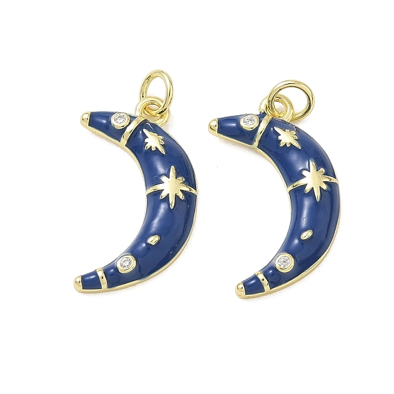 Brass Micro Pave Clear Cubic Zirconia Pendants, with Dark Blue Enamel, Moon with Star Charms