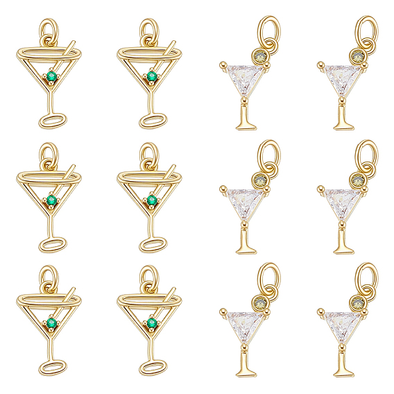 12Pcs 2 Styles Brass Pave Cubic Zirconia Pendants, Drink Charms, with Jump Ring, Rack Plating, Long-Lasting Plated, Cadmium Free & Lead Free, Real 18K Gold Plated