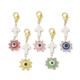 Evil Eye Glass & Resin Pendant Decoration, Cross Synthetic Turquoise & Lobster Clasp Charms for Bag, Key Chain Ornaments