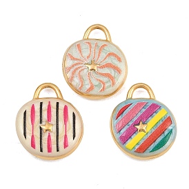 304 Stainless Steel Enamel Pendants, Flat Round with Star Charms, Ion Plating(IP), Real 18K Gold Plated