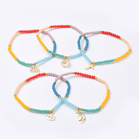 Joyas chakra, pulseras del encanto, con cuentas de vidrio rondelle facetadas y dijes de latón bañado en oro 18 k real, plano y redondo con estrellas de mar / estrellas de mar y cruz y luna y ojo y flor de loto