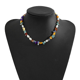 Handmade Ethnic Style Colorful Stone and Pearl Necklace for Festive Evening Events