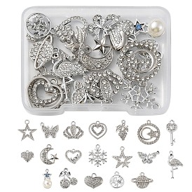 20Pcs 20 Styles Alloy Crystal Rhinestone Pendants, Snowflake & Star & Heart & Butterfly & Flamingo Charms