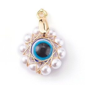 Pendentifs en plastique, avec des perles d'imitation en plastique ABS et des perles de résine, conclusion en laiton et fil de cuivre écologique, fleur avec le mauvais œil