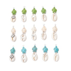15Pcs 15 Styles Natural Cowrie Shell & Dyed Synthetic Turquoise Turtle Copper Wire Wrapped Pendants, with Alloy Sun Moon Star Charms, Antique Silver & Platinum