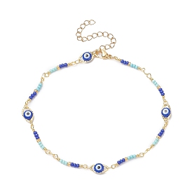 Bracelet de cheville en laiton avec chaîne à maillons mauvais œil et perles de verre