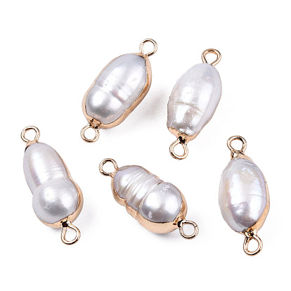 Electroplate Natural Baroque Pearl Keshi Pearl Connector Charms, Cultured Freshwater Pearl, with Iron Findings, Oval