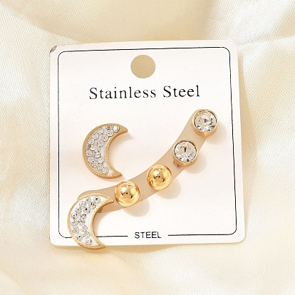 304 Stainless Steel Stud Earrings, Handmade Polymer Clay Rhinestones Stud Earrings, Moon, Ion Plating(IP)