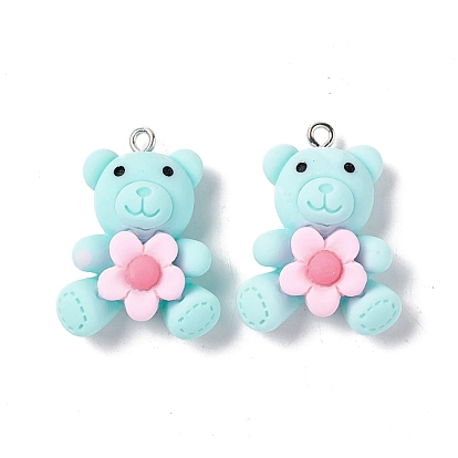 Opaque Resin Pendants, with Platinum Tone Iron Loops, Bear with Flower Charms