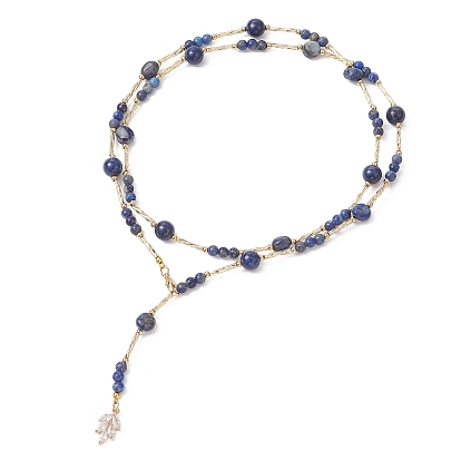 Ожерелья-лариаты из натурального лазурита круглой огранки и самородков, с латунными подвесками в виде листьев из прозрачных кубических цирконий