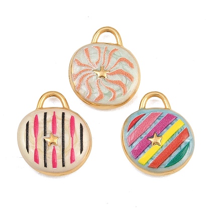 304 Stainless Steel Enamel Pendants, Flat Round with Star Charms, Ion Plating(IP), Real 18K Gold Plated