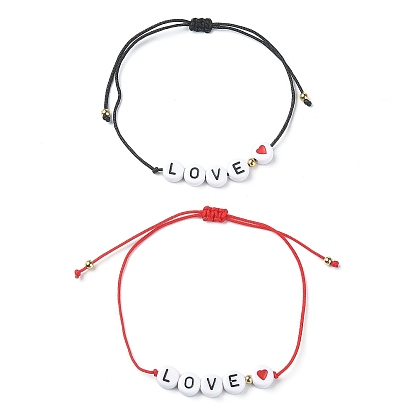 2 pcs 2 couleur entendre l'amour ensemble de bracelets de perles tressées en acrylique, bracelets réglables en cordons de nylon