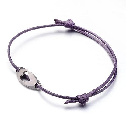 Korean Waxed Polyester Cords Bracelets, with Curved Oval and Heart 304 Stainless Steel Links
