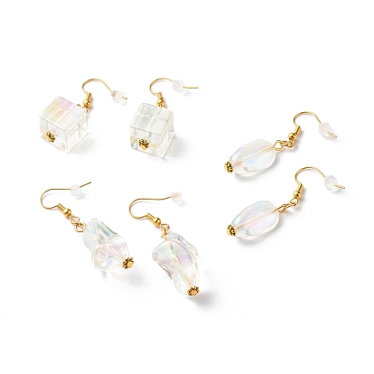 Brass Dangle Earrings, with Transparent Acrylic Beads, Mixed Shape