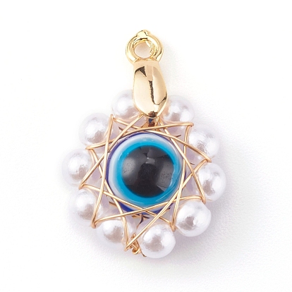 Pendentifs en plastique, avec des perles d'imitation en plastique ABS et des perles de résine, conclusion en laiton et fil de cuivre écologique, fleur avec le mauvais œil