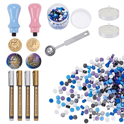 DIY Wax Seal Stamps Kit, Including Pear Wood Handle, Candle, Iron Wax Sticks Melting Spoon, Brass Wax Seal Stamp Head, Metallic Markers Paints Pens and Sealing Wax Particles
