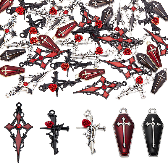 36 шт 6 стили подвески из сплава с эмалью на тему Хэллоуина, гроб с крестом и крестом с розой