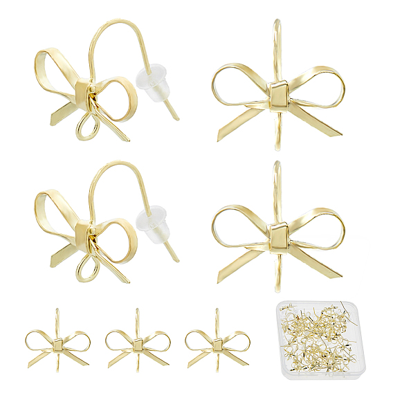 40Pcs Bowknot Shape Brass Earring Hooks, Bowknot Ear Wire, with Vertical Loops, 50Pcs Plastic Ear Nuts