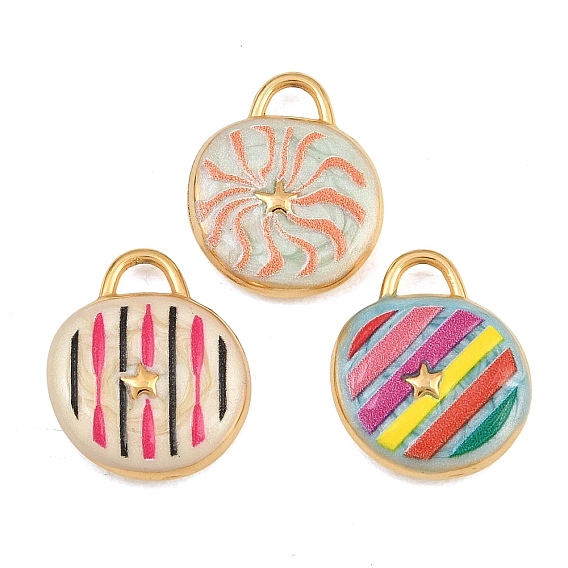 304 Stainless Steel Enamel Pendants, Flat Round with Star Charms, Ion Plating(IP), Real 18K Gold Plated