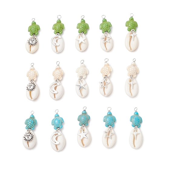 15 шт. 15 стили подвески из натуральной раковины каури и окрашенной синтетической бирюзы в виде черепахи, обмотанные медной проволокой, с подвесками из сплава солнца, луны и звезд, старинное серебро и платина