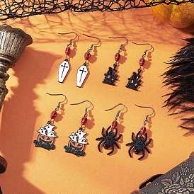 Серьги-подвески из сплава и эмали серии «Хэллоуин», с латунными крючками для сережек и бусинами из синтетической окрашенной бирюзы, разнообразные, платина