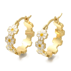 Rack Plating Flower Brass Hoop Earrings, with Enamel, Long-Lasting Plated, Lead Free & Cadmium Free, Real 18K Gold Plated