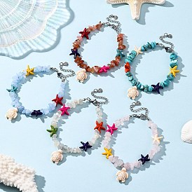 Natural Gemstone Chip & Starfish Beads & Synthetic Turquoise Turtle Charm Bracelets Sets