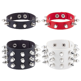 Gorgecraft 4Pcs 4 Style Punk Rock Style PU Leather Cord Bracelets Set, Spike Rivet Adjustable Wristbands for Men Women