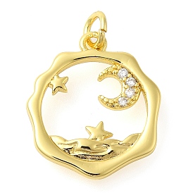 Rack Plating Brass Micro Pave Cubic Zirconia Pendants, Long-Lasting Plated, Lead Free & Cadmium Free, Polygon with Moon & Star