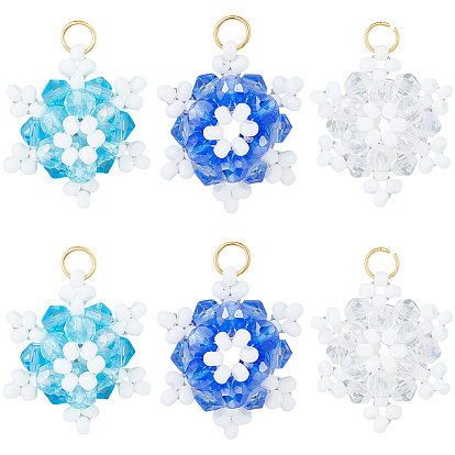 12шт 3цвета стеклянные бусины снежинки подвески, со стеклянными и 304 нержавеющими кольцами для прыжков, реальный 18 k позолоченный, граненые