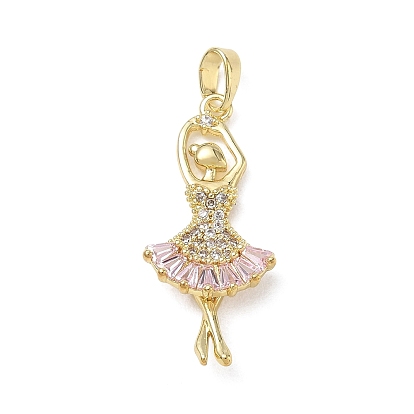 Brass Micro Pave Pink Cubic Zirconia Pendants, Ballerina Charms