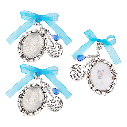Oval & Flat Round With Word Zinc Alloy Big Pendants, with Alloy Tube Bails, Clear & Royal Blue Glass, 304 Stainless Steel Cable Chains, with Organza Ribbon