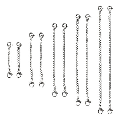 10 pièces 5 styles 304 rallonge de chaîne Figaro en acier inoxydable, avec fermoir pince de homard