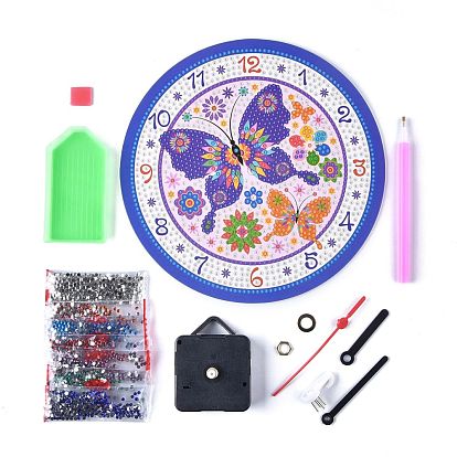 5D DIY Diamond Painting Kits For Clock Making, with Diamond Painting Cloth, Resin Rhinestones, Diamond Sticky Pen, Tray Plate and Glue Clay, Plastic Clock Movement and Pointers, Butterfly