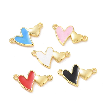 Eco-friendly Rack Plating Brass Enamel Connector Charms, Cadmium Free & Lead Free, Long-Lasting Plated, Double Heart Links, Real 18K Gold Plated