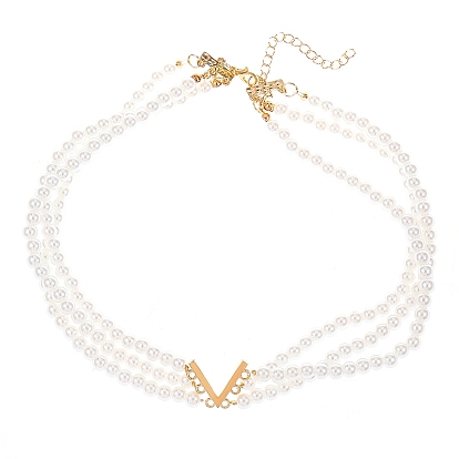 Natural Pearl Bead Triple Layer Necklace, with Alloy Letter V Pendant