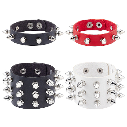 4Pcs 4 Style Punk Rock Style PU Leather Cord Bracelets Set, Spike Rivet Adjustable Wristbands for Men Women