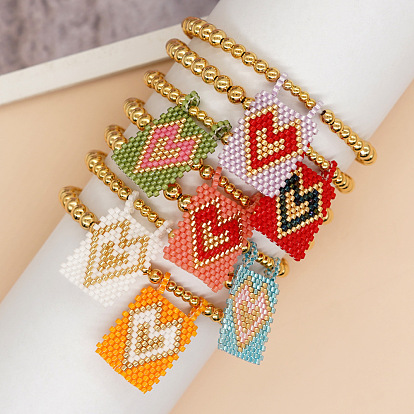 Богемные стеклянные браслеты с подвесками из бисера, латунные круглые бусины эластичные браслеты для женщин, Прямоугольник с сердцем, золотые