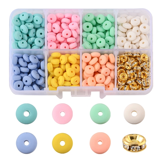DIY Disc Beads Jewelry Making Kit, Including 350Pcs Flat Round Handmade Polymer Clay Beads, 100Pcs Brass Rhinestone Beads