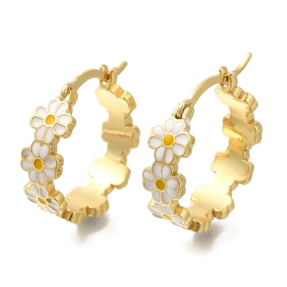 Pendientes de aro de latón con diseño de flores y baño de rejilla, con esmalte, larga duración plateado, sin plomo y el cadmio, real 18 k chapado en oro
