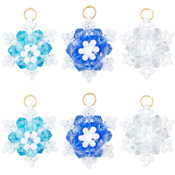 12шт 3цвета стеклянные бусины снежинки подвески, со стеклянными и 304 нержавеющими кольцами для прыжков, реальный 18 k позолоченный, граненые